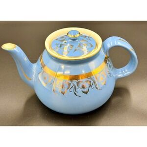 Vintage Mid Century - Hall China - Blue & Gold Ceramic Teapot – Made in USA